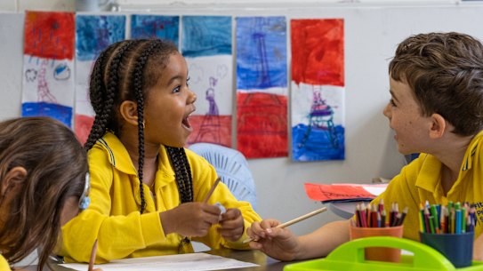 Fitzroy Primary School students Fatima and Gustav learn in French for 10 hours a week as part of the school’s bilingual program.
