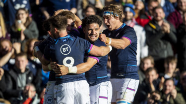 Sione Tuipulotu celebrates a try in Scotlandâ€™s victory over Tonga last weekend.