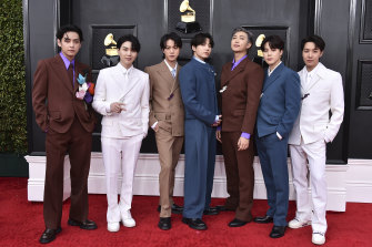 BTS arrives at the 64th Annual Grammy Awards on April 3, 2022, in Las Vegas.