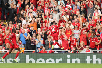 Sadio Mane celebrates putting Liverpool ahead.