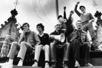 Anthony Albanese on the far left, protesting at Sydney University about changes to the political economics course, June 15, 1983.
