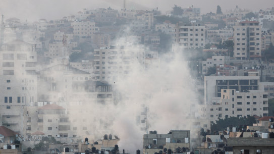 Smoke rises during an Israeli military operation in the Israeli-occupied West Bank on July 3.