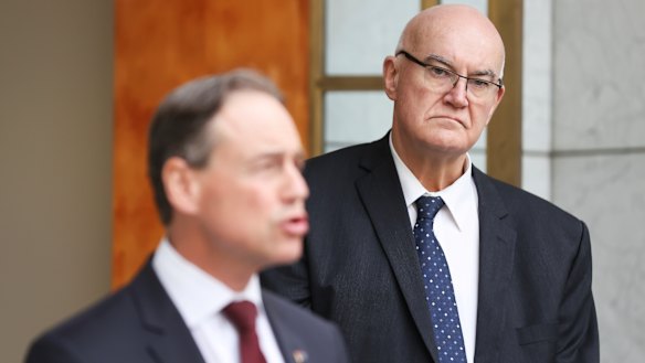 Health Minister Greg Hunt and  Therapeutic Goods Administration head Professor John Skerrit at Parliament House last month.