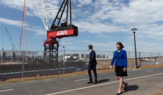Premier Gladys Berejiklian and Minister for Transport and Roads Andrew Constance at the M4-M5 Link site on Thursday.