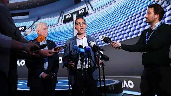 MELBOURNE, AUSTRALIA - OCTOBER Steve Dimopoulos, Victorian Minister for Tourism, Sport and Major Events, speaks to media alongside Craig Tiley, CEO of Tennis Australia. 