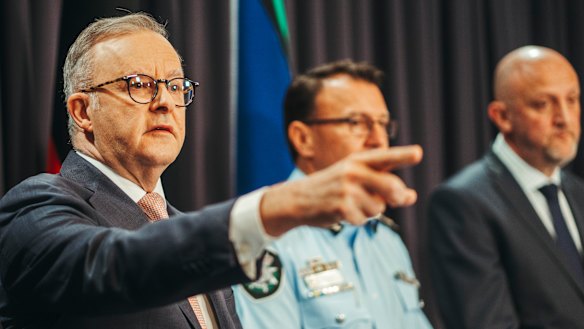 Prime Minister Anthony Albanese with AFP Commissioner Reece Kershaw and head of ASIO Mike Burgess on Tuesday.