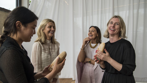 Australian Fashion Foundation 2018 scholarship winners Helena Dong (left) and Amanda Nichols (right) with judges Simone (second left) and Nicky Zimmermann.