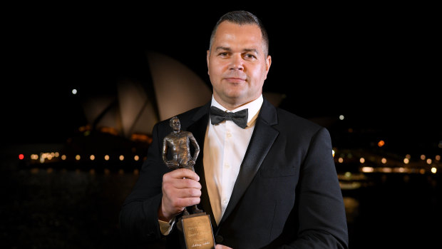 Going places: Rabbitohs coach Anthony Seibold, with his Dally M coach of the year award, will swap clubs with Wayne Bennett in 2020 - or before.