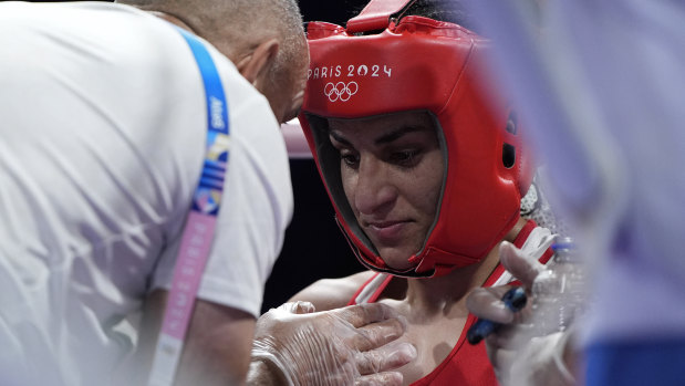 “I am female”: Algeria’s Imane Khelif between rounds against Hungary’s Anna Hamori in their women’s 66-kilogram quarter-final boxing match at the Paris Olympics at the weekend.