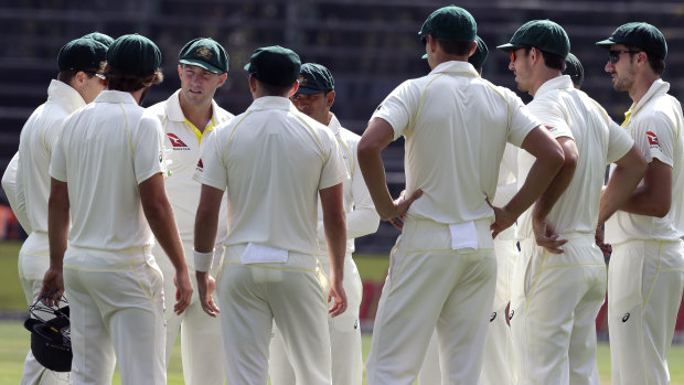 Australian players, at the start of play in the fourth Test against South Africa.