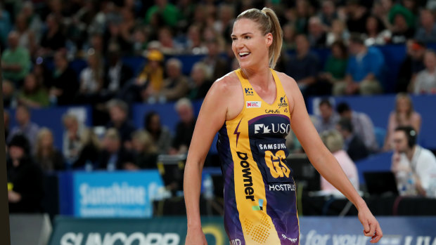 Caitlin Bassett of the Lightning reacts during the Super Netball Grand Final between the West Coast Fever and the Sunshine Coast Lightning at Perth Aren