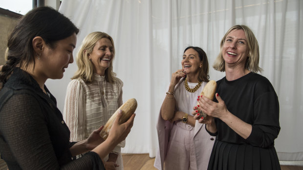 Australian Fashion Foundation scholarship winners Helena Dong (left) and Amanda Nichols (right) with judges Simone (second left) and Nicky Zimmermann.