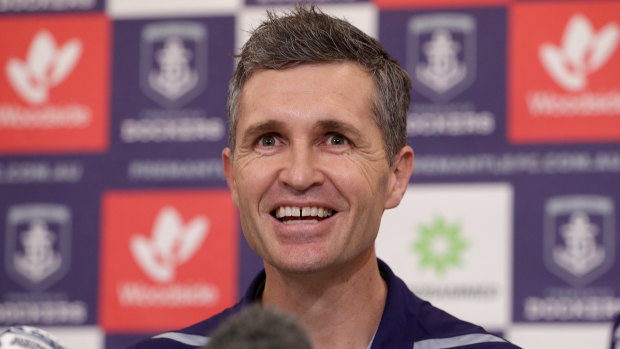 New Fremantle Dockers senior coach Justin Longmuir speaks at a press conference after signing a three year deal.
