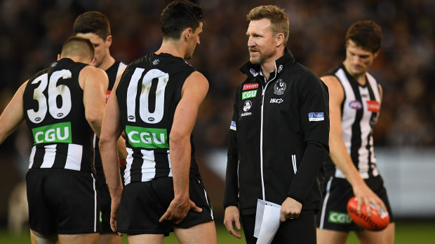 Nathan Buckley with his charges on Saturday night.