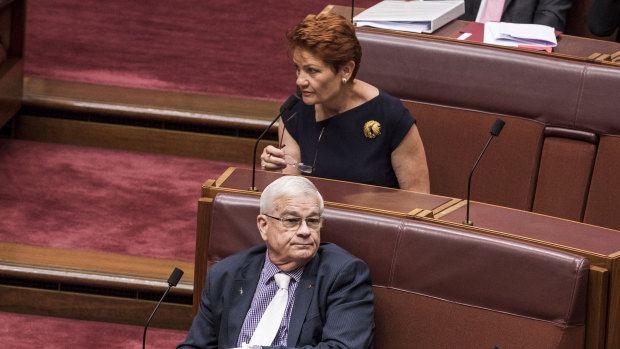 Senators Brian Burston and Pauline Hanson in the Senate at Parliament House on February 14.