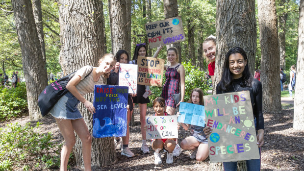 Climate strikers Emily Thomson, 14, Christina Hood, 14, Astrid Smyth, 14, Sarai Khin, 14, Lily Saxon, 14, Matilda Von Garvel, 14, Autumn Starbird and event organiser Maanha Manzur, 14.