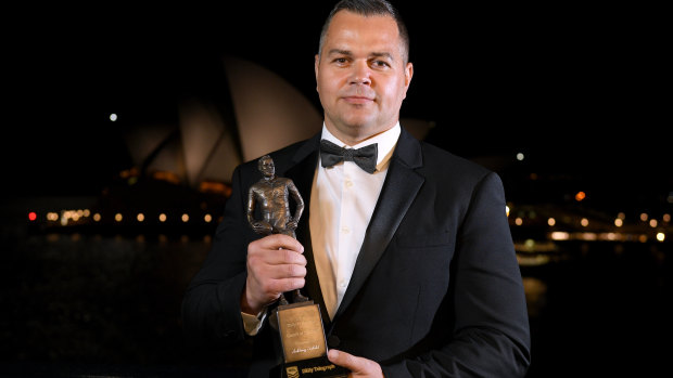 Honour: Rabbitohs coach Anthony Seibold with his Dally M Coach of the Year Award.