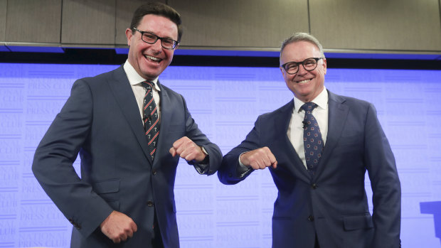 Deputy Nationals leader David Littleproud and opposition agriculture spokesman Joel Fitzgibbon at the National Press Club of Australia in Canberra. 