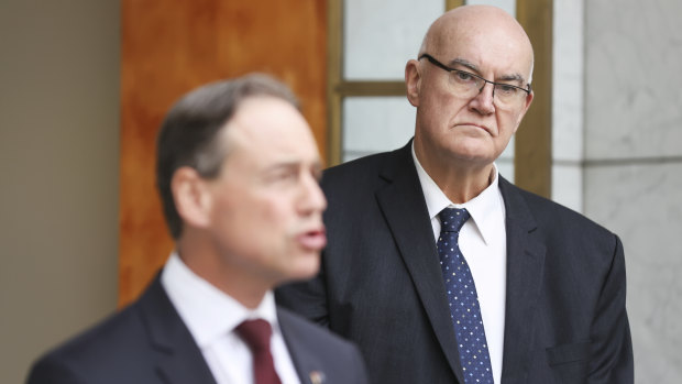 Health Minister Greg Hunt and  Therapeutic Goods Administration head Professor John Skerrit at Parliament House last month.