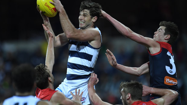 Tower of strength: In-form Geelong forward Tom Hawkins will be a big test for the Melbourne defence.