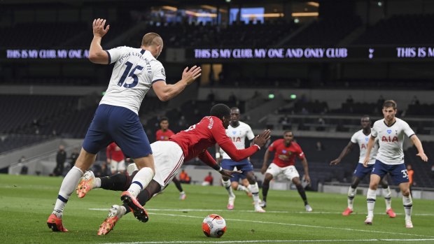 Paul Pogba is fouled in the incident which led to Manchester United's equaliser against Tottenham.