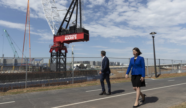 Premier Gladys Berejiklian and Minister for Transport and Roads Andrew Constance at the M4-M5 Link site on Thursday.