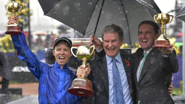 Winning connections: Cross Counter's jockey Kerrin McEvoy, trainer Charlie Appleby, right, and Godolphin's managing director Hugh Anderson.