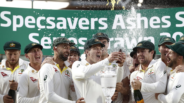 Tim Paine and Australia celebrate retaining the Ashes at the Oval last year.