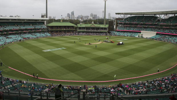 The scene as umpires ponder the light at the SCG.