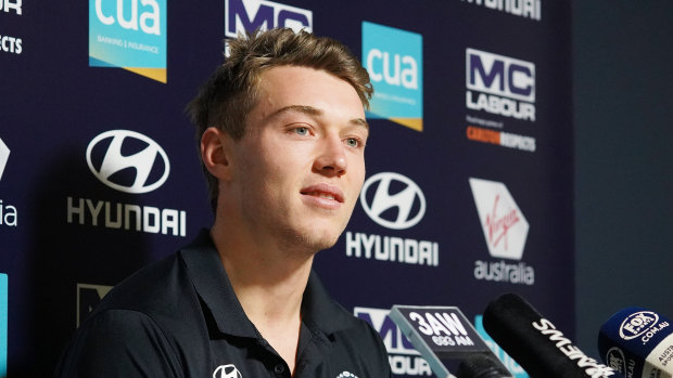 Patrick Cripps speaks to the media on Tuesday.