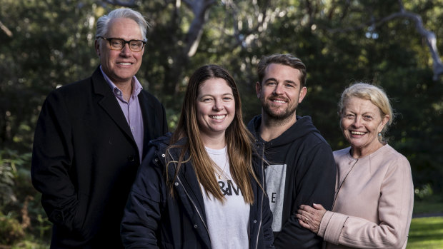 Speaking out: Steve Folkes' daughter Hayley Shaw and son Dan Folkes with Professor Michael Buckland, lefft, and Bulldogs chairwoman Lynne Anderson, right.