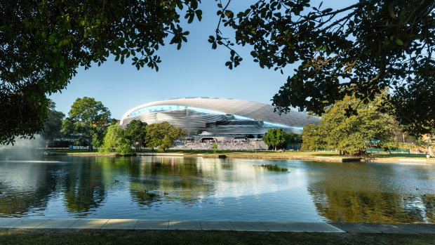 The new Sydney Football Stadium, as viewed from across Kippax Lake. 