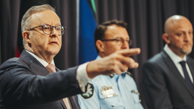 Prime Minister Anthony Albanese with AFP Commissioner Reece Kershaw and head of ASIO Mike Burgess on Tuesday.