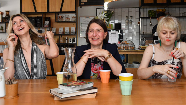 Premier Gladys Berejiklian and her sisters Mary (left) and Rita (right) at a cafe in Willoughby on Sunday. 