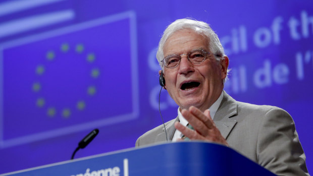 European Union foreign policy chief Josep Borrell addresses a video press conference at the conclusion of a video conference of EU foreign affairs ministers in Brussels.
