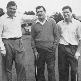 Sir Frank Packer (centre) with sons Clyde (left) and Kerry on the golf course in 1959.