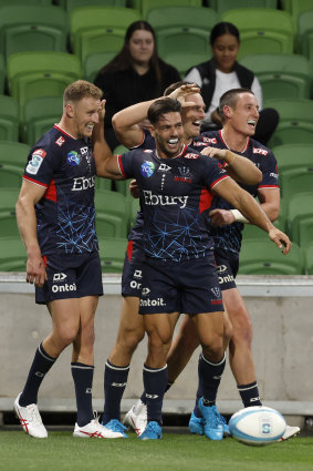 Rebels winger Lachie Anderson celebrates after scoring.