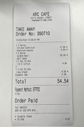 The bill for lunch at Arc Cafe.