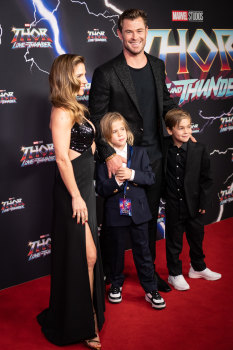 Chris Hemsworth arrives on the red carpet with his wife Elsa Pataky and sons for the Australian premiere of Thor: Love and Thunder at Hoyts Entertainment Quarter in Moore Park. 