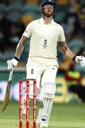 Ben Stokes grimaces after his dismissal in Hobart.