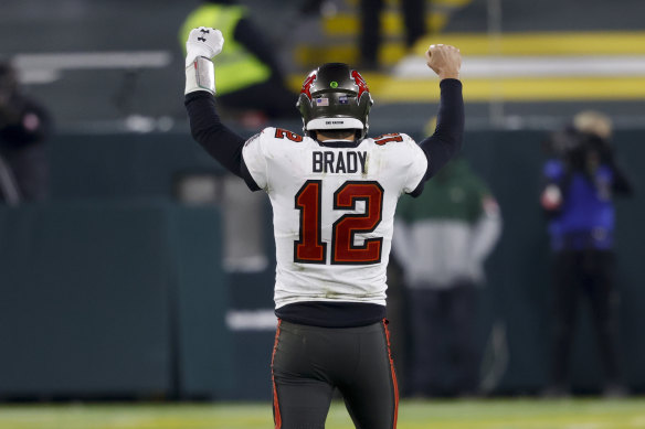 Tom Brady celebrates the win that gets him back to the Super Bowl, again.