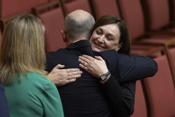 Senator Maria Kovacic is embraced by moderate powerbroker Matt Kean after she delivered her maiden speech on Tuesday.