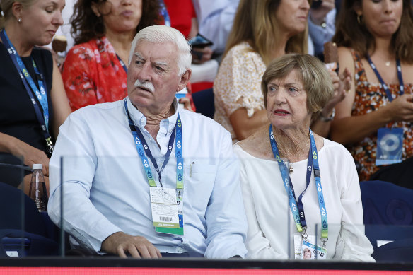 Margaret Court with her husband Barry at the Australian Open in January, 2020.