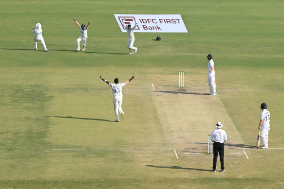 India celebrate the dismissal of Joe Root .