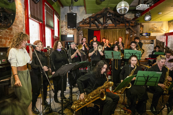 Maria Pilar Leon singing with the Melbourne Karaoke Big Band at the Retreat Hotel in Brunswick. 