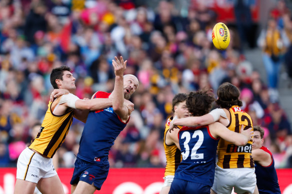 Melbourne’s Max Gawn and Ned Reeves of the Hawks square up on Sunday.