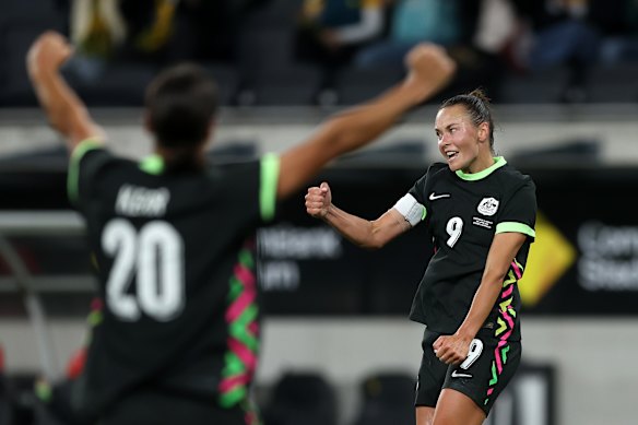 Foord celebrates her goal.