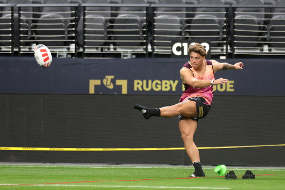 Broncos fullback Reece Walsh gets in some kicking practice at Allegiant Stadium.