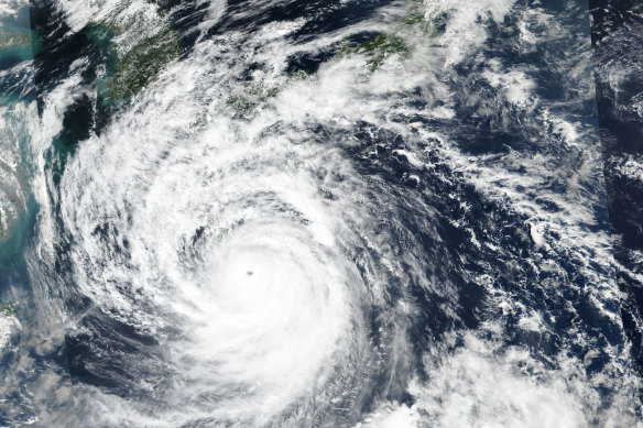 This satellite image released by NASA shows Typhoon Nanmadol on Saturday as it was approaching southwest Japan. 