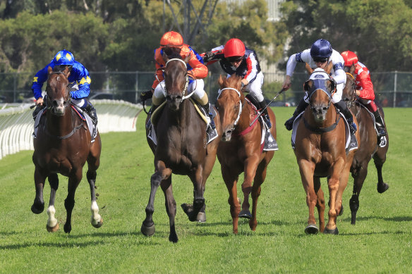 Think It Over and Glen Boss  (orange silks) kick clear in the George Ryder Stakes.